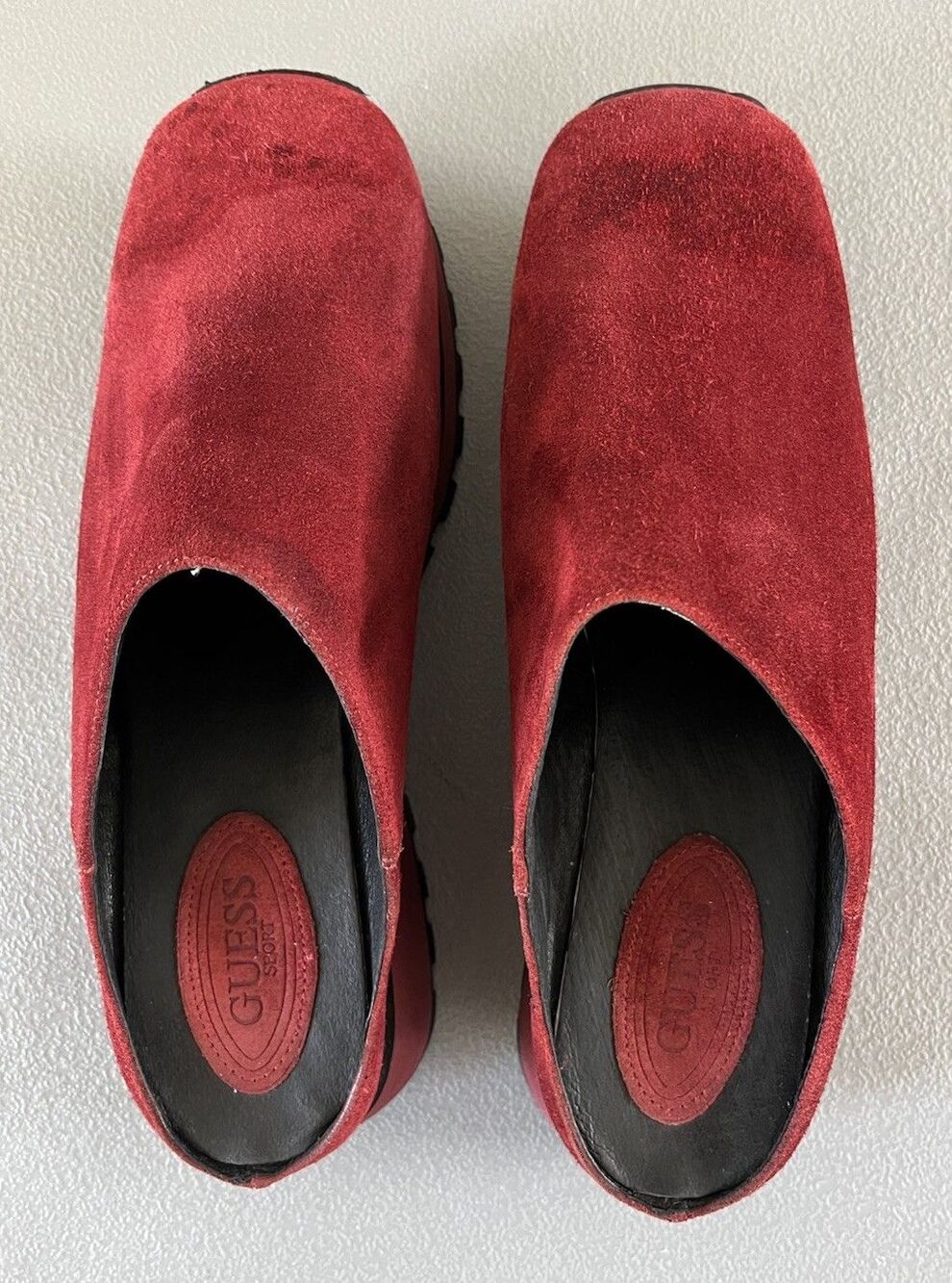 VTG Guess Sport Burgundy Suede Leather Clogs Mules Chunky Square Toe Sz 10 Y2K
